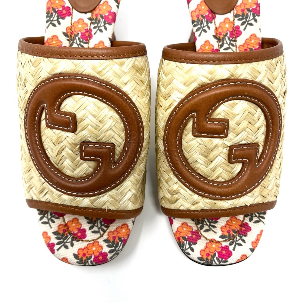 Gucci Mabel Interlocking GG Logo Raffia Sandals Slides Mules Heels Brown 37 7 - Picture 3 of 12